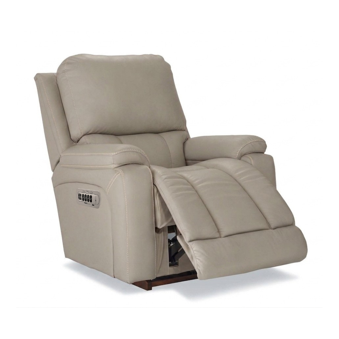 GREYSON full leather power rocker recliner in light stone beige, powered recline