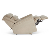 Beige power lift recliner chair reclined, showing padded footrest and arm control