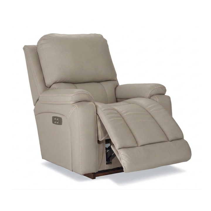 GREYSON full leather power rocker recliner in light stone, button control panel and footrest