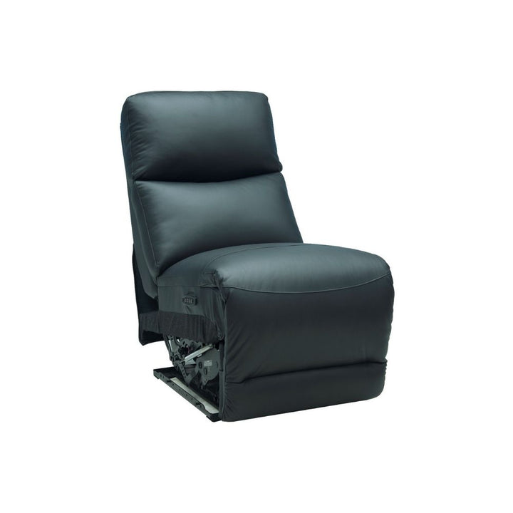 Gray recliner chair with mechanical components on a white background