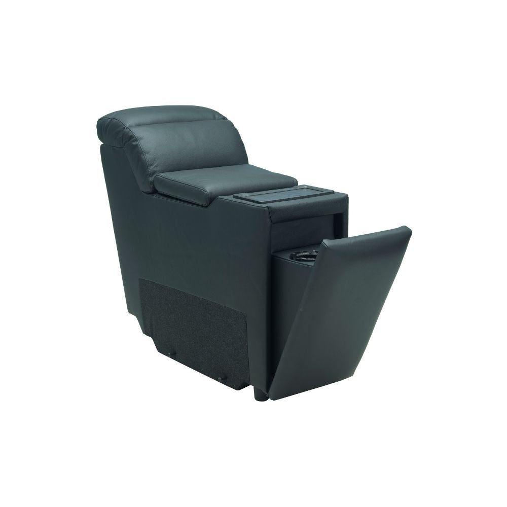 Dark gray recliner chair with cup holder and armrest on a white background