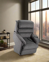 Gray power lift recliner chair with padded headrest, side controls, and reclined seat