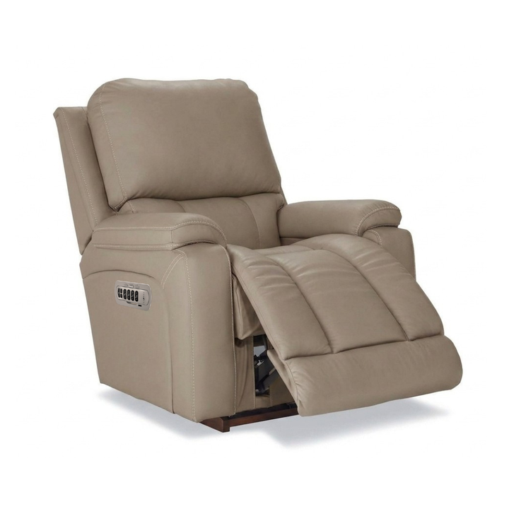 GREYSON full leather power rocker recliner in light mushroom beige with cushioned footrest
