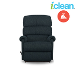 Fabric rocker recliner in dark charcoal, cushioned back and arms, one visible seat panel