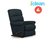Dark fabric rocker recliner with reclined leg support and wood handle on side
