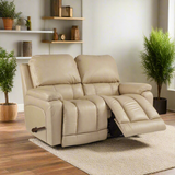 Light tan leather motion reclining loveseat with open footrest and arm control lever