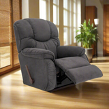 Charcoal fabric rocker recliner angled view with recline footrest and side handle