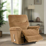 Brown fabric wall recliner reclined position with side control lever