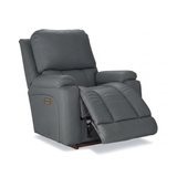 GREYSON full leather power rocker recliner in dark gray, padded chaise-style footrest