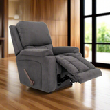 Charcoal grey rocker recliner chair in reclined position with side handle