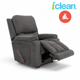 Charcoal grey rocker recliner chair with extended leg rest and side handle