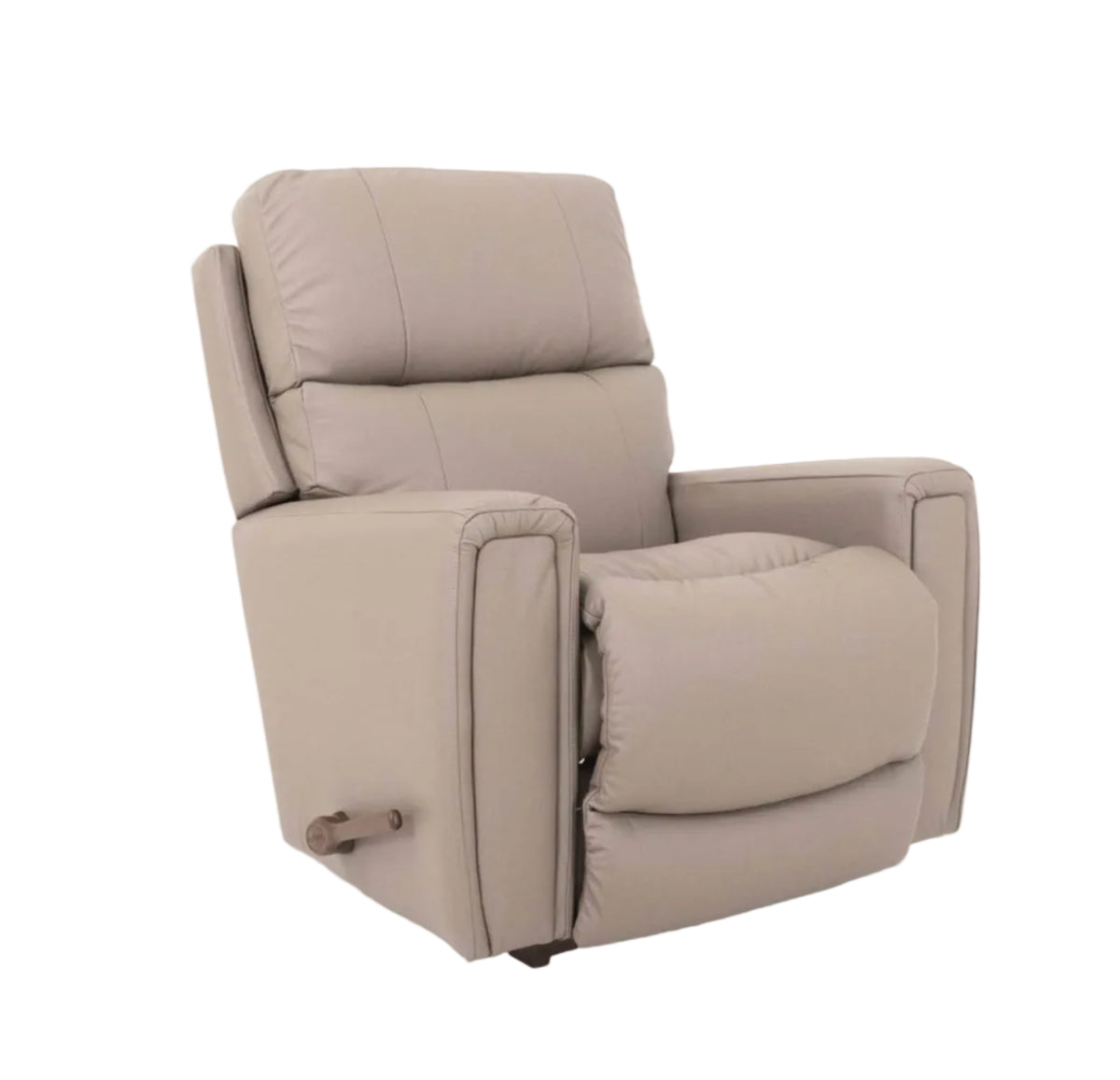 Light taupe leather rocker recliner, side view with arm console and lever