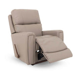 Light taupe leather rocker recliner with open footrest, reclined seat, angled view