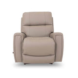 Light taupe leather rocker recliner with high back and padded arms, front view