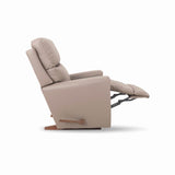 Light taupe leather rocker recliner with extended ottoman footrest, side view
