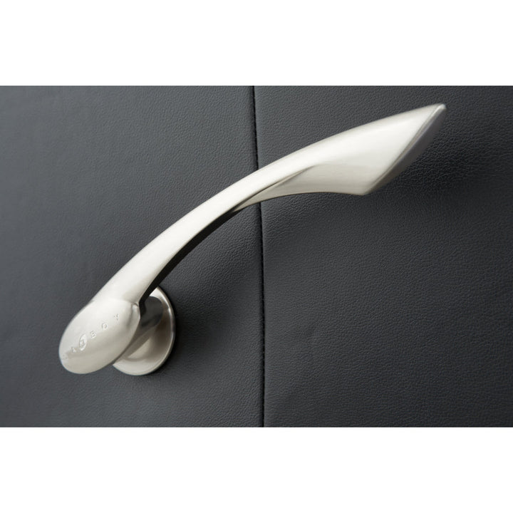 Left arc metal door handle with light cream lever and round brushed metal base