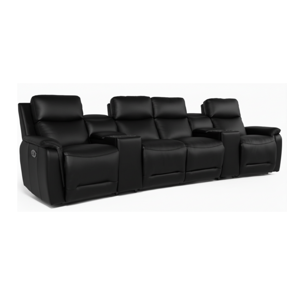 Black leather theater-style sofa with reclining seats on a white background