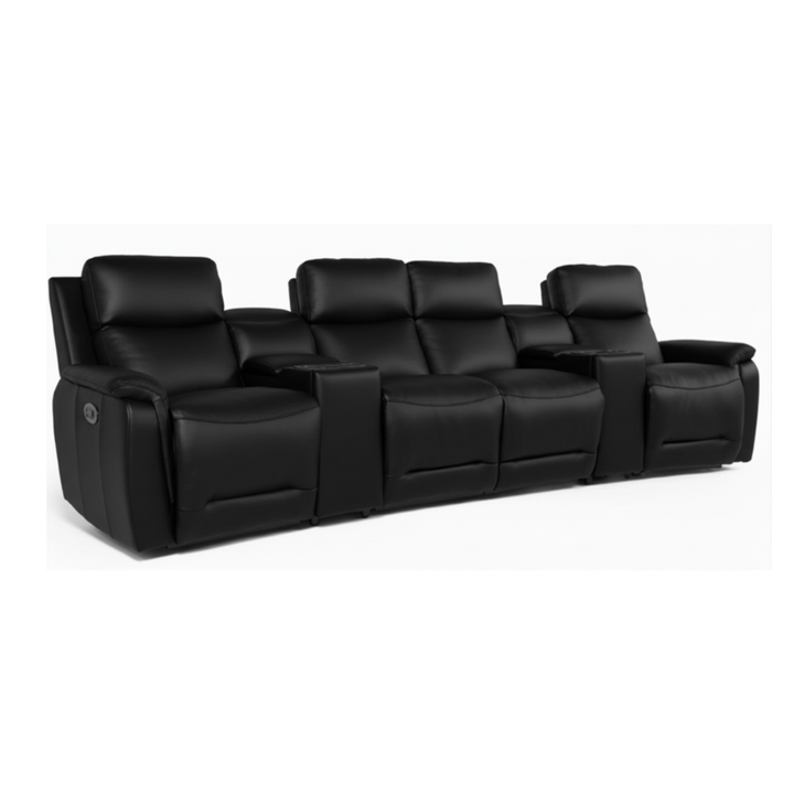 Black leather theater-style sofa with reclining seats on a white background