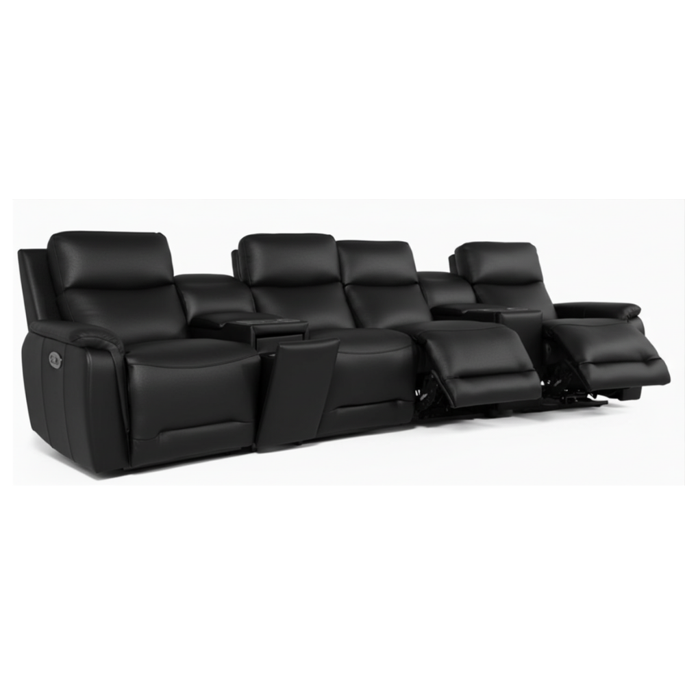 Row of black recliner theater seats on a white background
