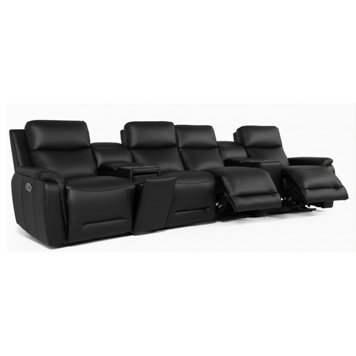 Row of black recliner theater seats on a white background