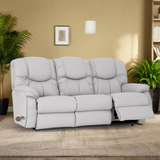 Reclining leather sofa with tufted back, padded arms, and drop-down side table