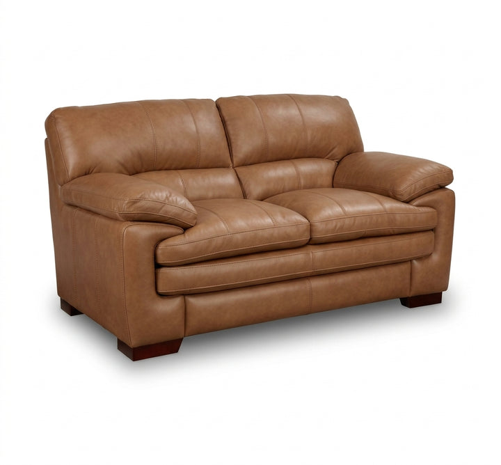 Brown leather loveseat with padded arms, tufted back cushions, and cushioned seat
