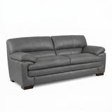 Light grey sofa with rolled arms, cushioned back, and dark wooden legs