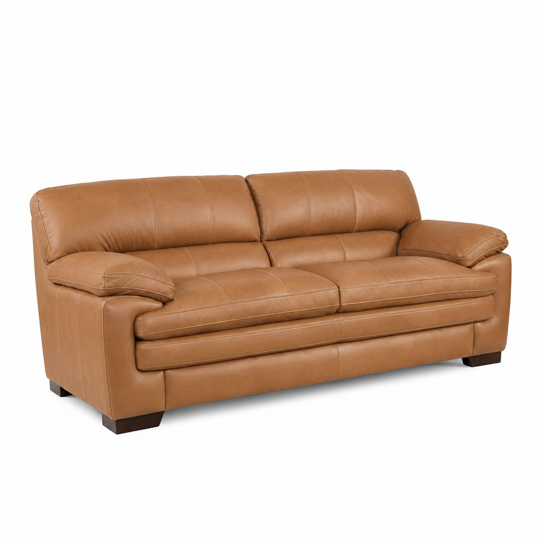 Warm brown leather-look sofa with rolled arms, two-seat cushions, and boxed legs