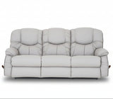 Reclining leather sofa in light gray with tufted cushions and padded three-seat front
