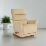 Beige fabric rocker recliner with wooden rocker base and arm handle, angled.
