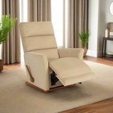 Beige fabric rocker recliner angled side view with open leg support.