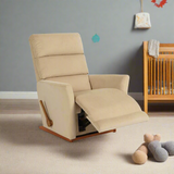 Beige fabric rocker recliner with flip-out footrest and side handle.