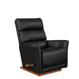 Black leather-look rocker recliner with padded armrests and recline footrest, side view