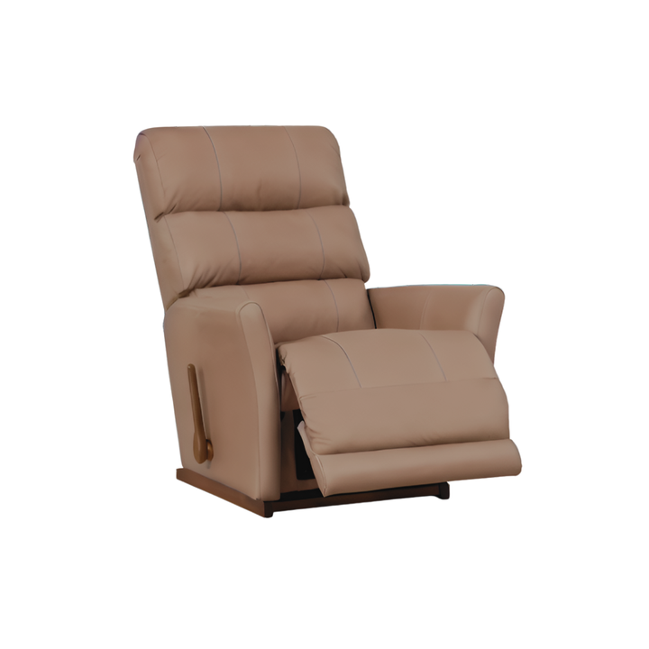 Tan leather-look rocker recliner with padded arms and recline footrest, angled view