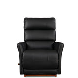 Black leather-look rocker recliner with tall backrest and padded seat, front view
