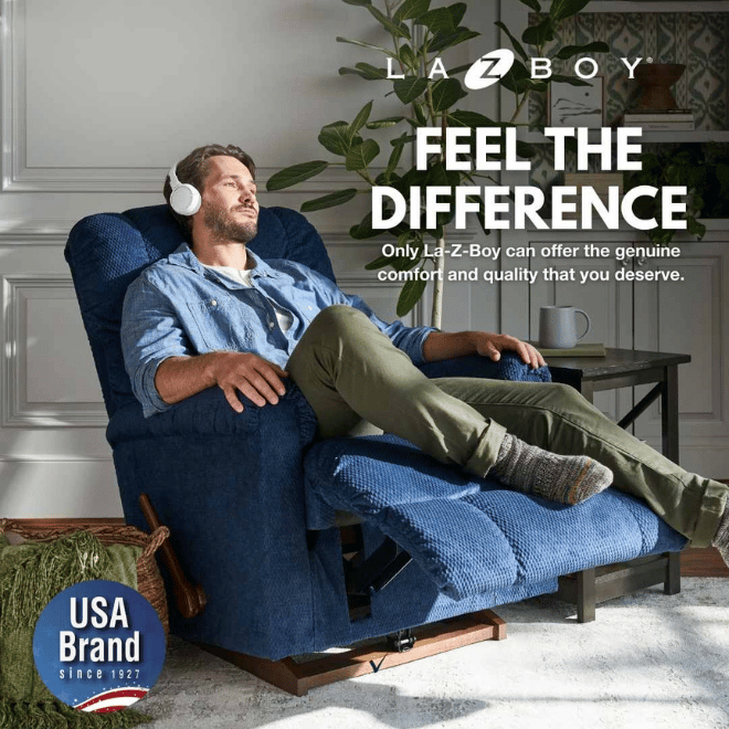 Man comfortably sitting on a blue recliner