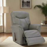 Gray leather rocker recliner reclined with extended footrest and side control lever