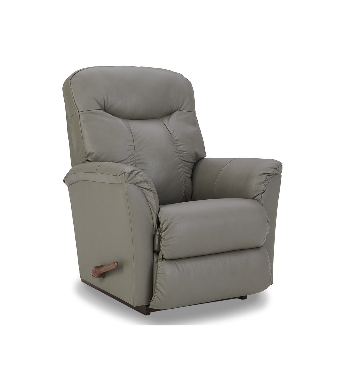 Gray leather rocker recliner with padded arms and side lever