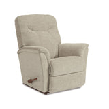 Light beige fabric rocker recliner with recline pad, arm support, and visible handle