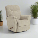Light beige fabric rocker recliner with padded arms, tall back, and built-in footrest