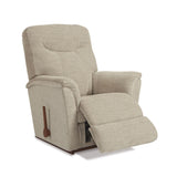 Fabric rocker recliner in light beige with plush armrests and padded footrest