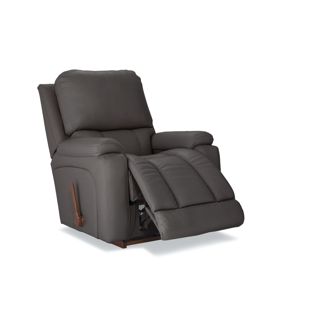 Dark gray leather rocker recliner with extended footrest and padded headrest, open