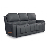 Leather motion reclining sofa in dark gray, padded arms, recline sections, wood pull tab.