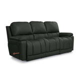 Leather motion reclining sofa in dark green, padded arms, recline panels, wood pull tab.