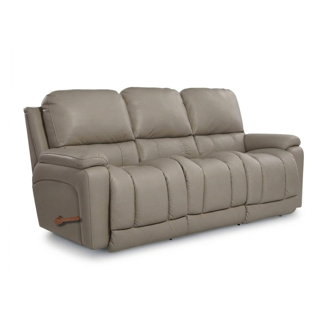 Leather motion reclining sofa in light gray, padded arms, recline sections, wood pull tab.