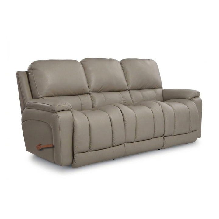 Leather motion reclining sofa in light gray, padded arms, recline sections, wood pull tab.