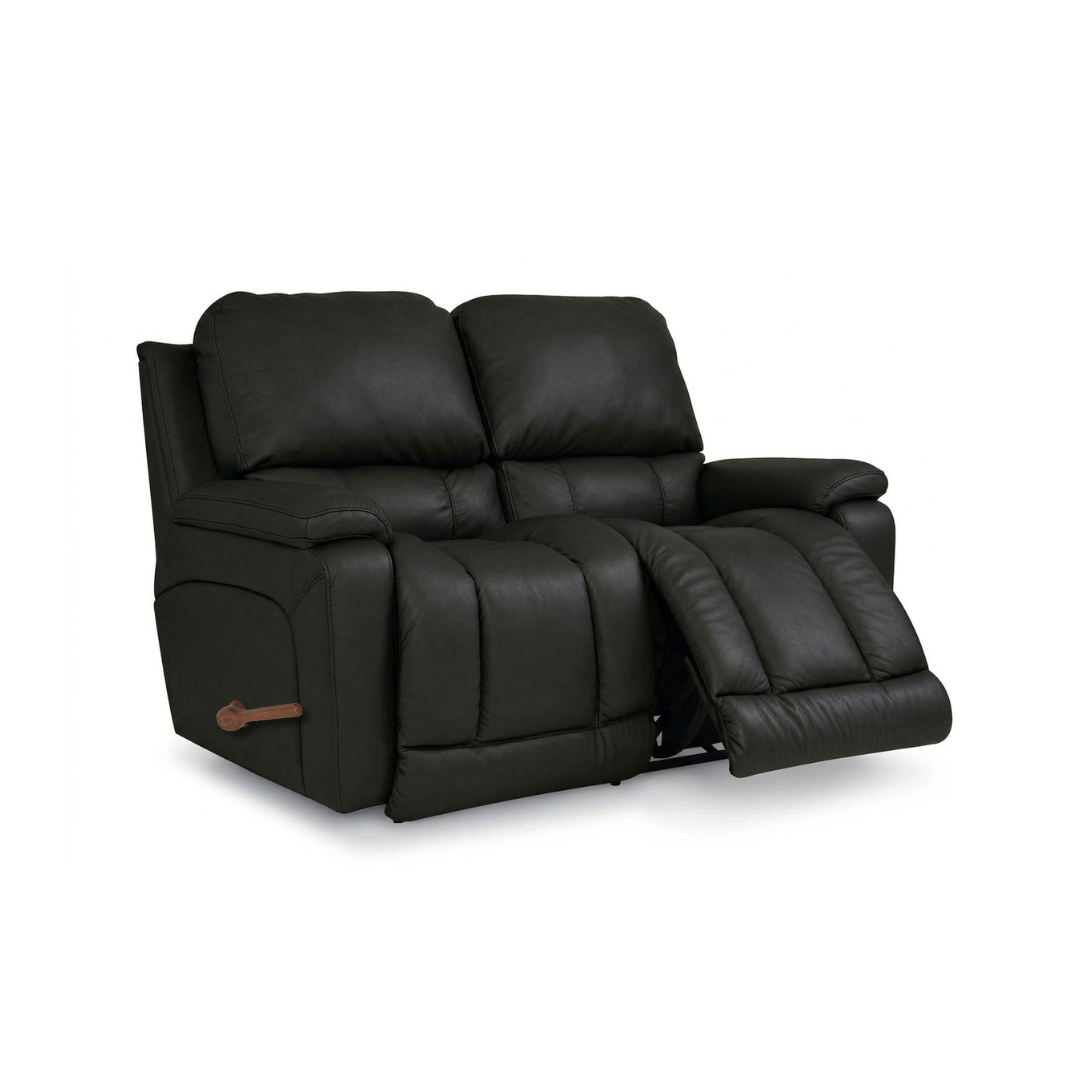 Black full-leather motion reclining loveseat, padded arms, dual recline seats