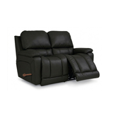 Black full-leather motion reclining loveseat, padded arms, dual recline seats