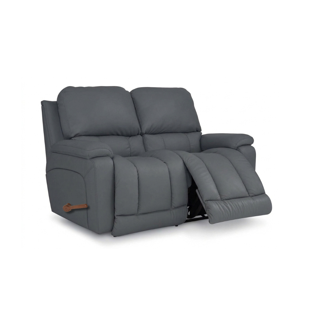 Storm gray full-leather motion reclining loveseat with extended footrest