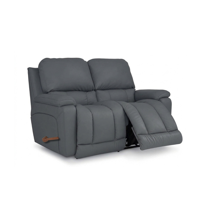 Storm gray full-leather motion reclining loveseat with extended footrest